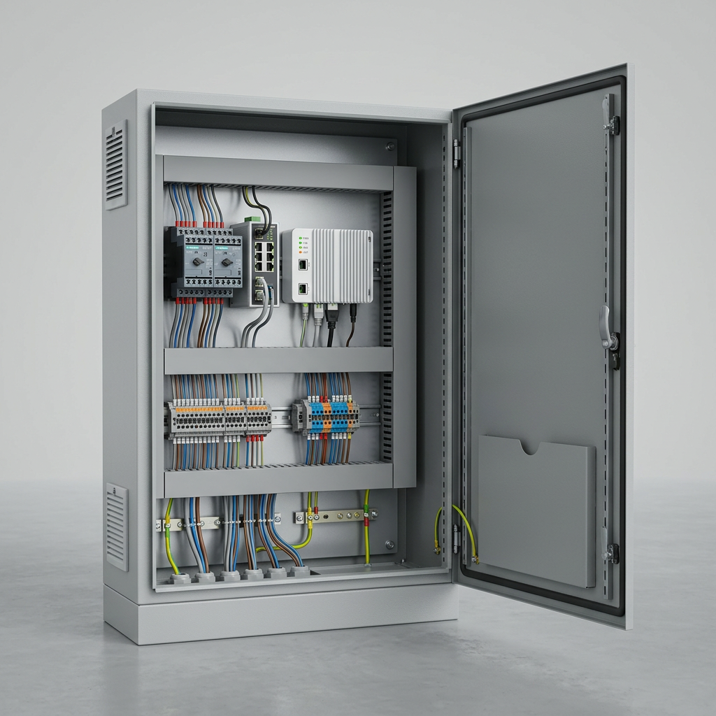 Studio rendering of an open controls cabinet with a white fanless edge controller, protection relays, a network switch, and terminal blocks on DIN rail.
