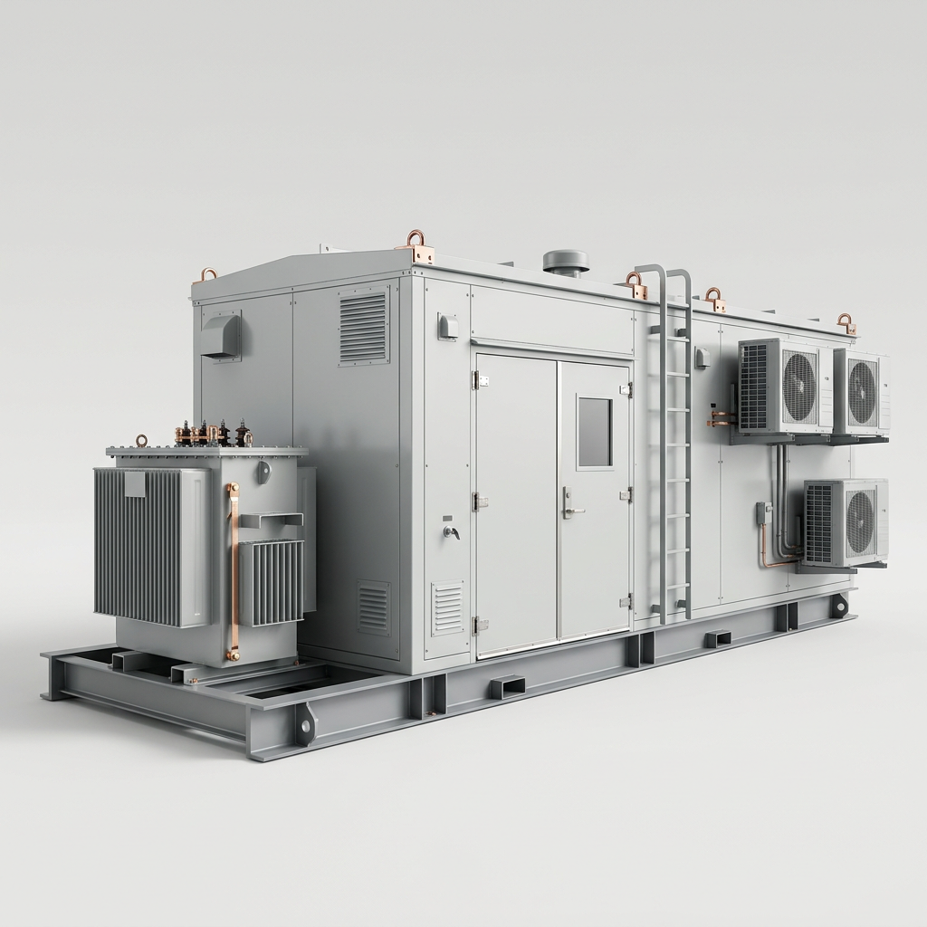 Rendering of a prefabricated steel electrical house on a skid, ready to be trucked to site.