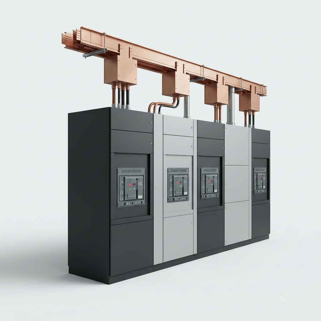 Studio rendering of a low-voltage switchboard lineup with breaker panels and metering.