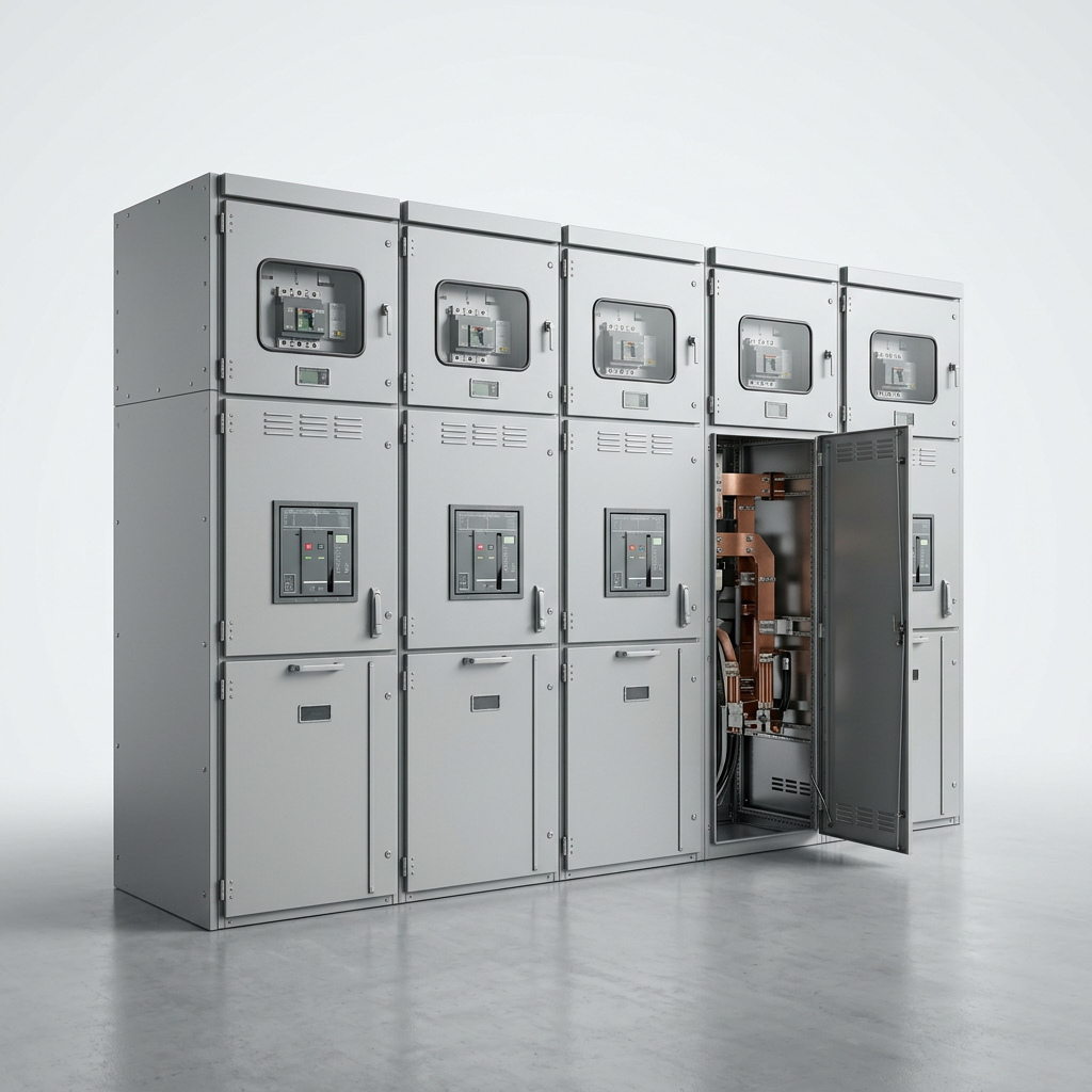 Studio rendering of a lineup of grey metal-clad switchgear cabinets with one door open showing copper bus bars.