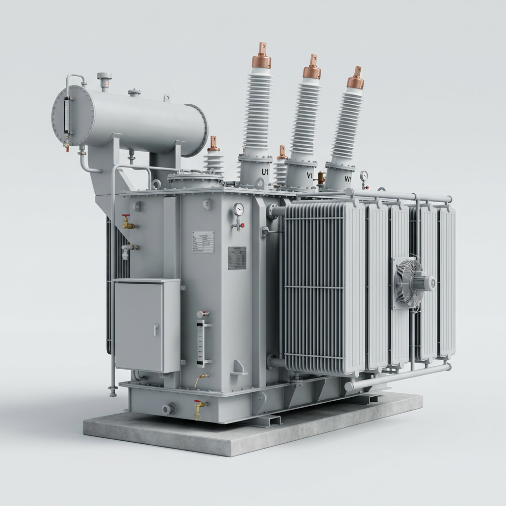 Studio rendering of an oil-filled substation power transformer with radiator banks and high-voltage bushings.