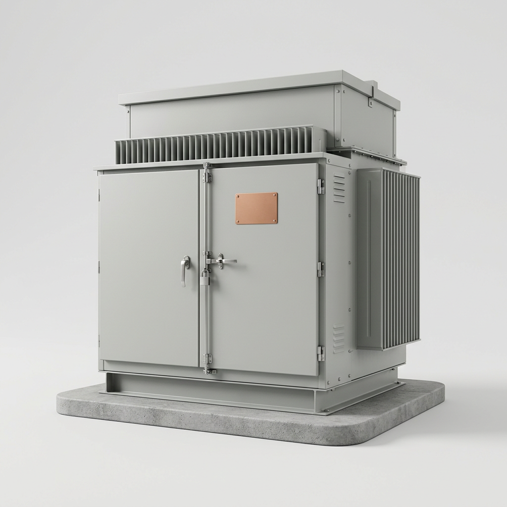 Studio rendering of a unit substation with a transformer section coupled to low-voltage distribution cabinets.