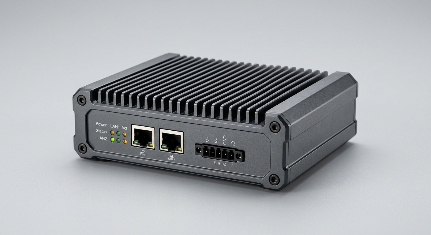 The Standard Compute edge controller, a compact fanless aluminum gateway with network ports and status lights