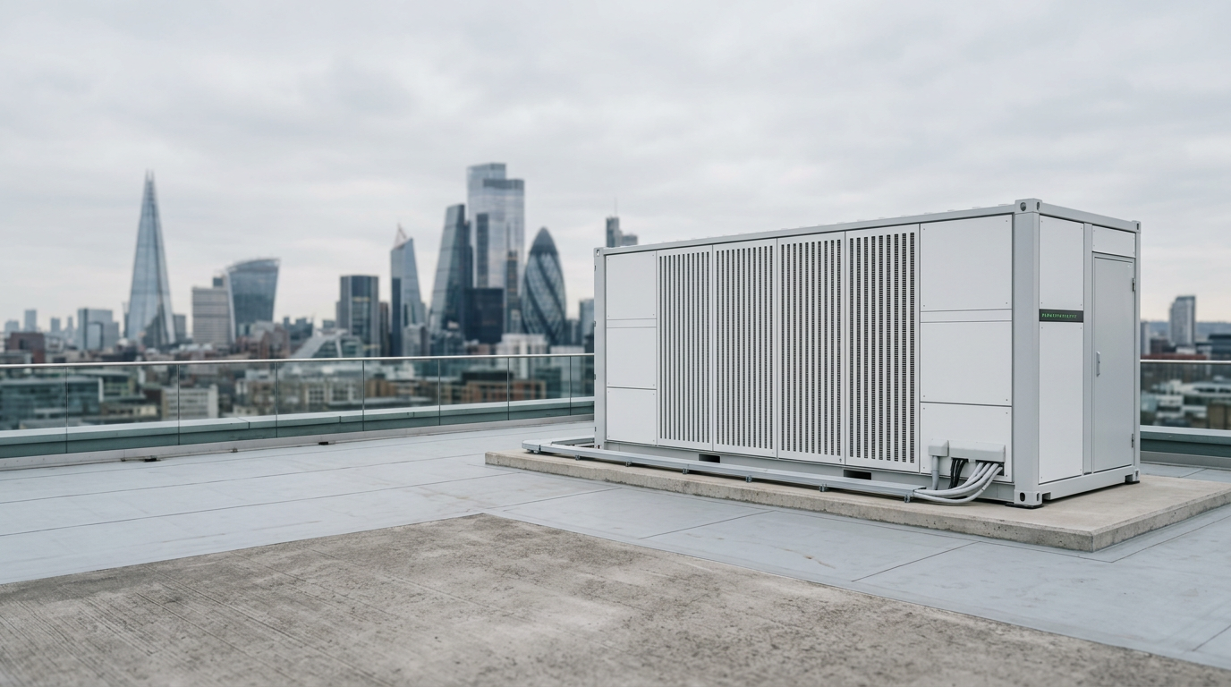 A white Standard Pod compute enclosure installed on the rooftop of a commercial building with a city skyline behind it