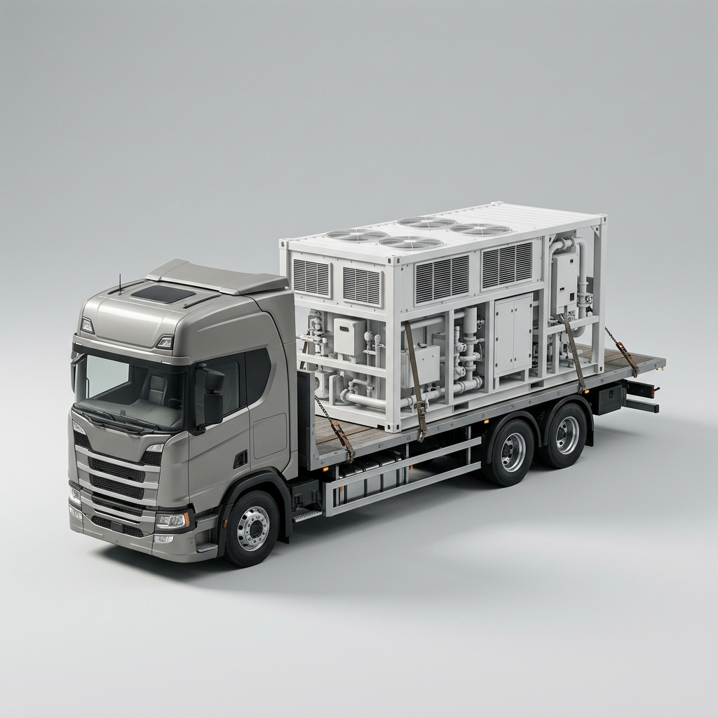 A microreactor module being delivered on a flatbed truck