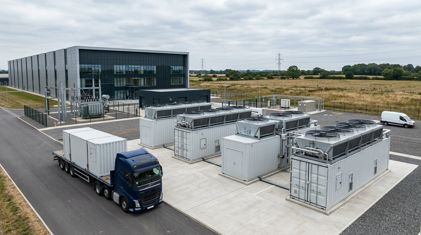 Containerized microreactor units on a concrete pad beside a data center