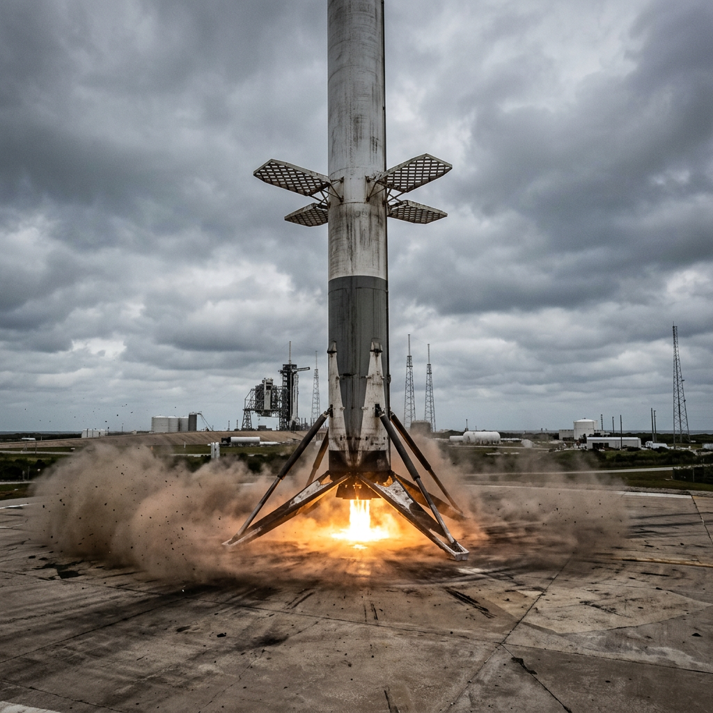Photorealistic rendering of a first-stage booster touching down on a landing pad, legs deployed and grid fins extended.