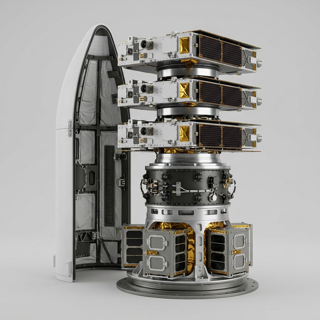 Rendering of a rideshare payload stack: three satellites on separation rings above a dispenser ring carrying cubesat deployers, beside an open fairing half.
