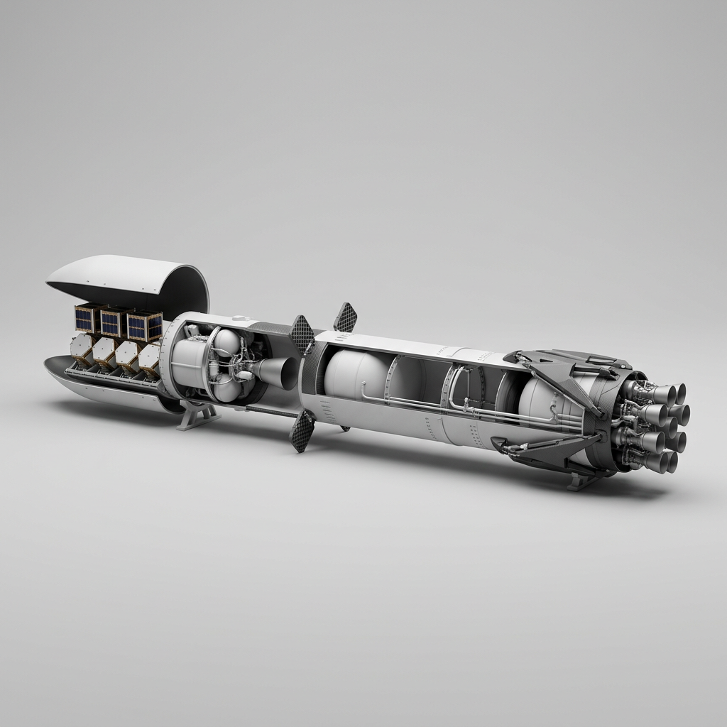 Cutaway rendering of the rocket showing the engine cluster, propellant tanks, upper stage, and a fairing open over stacked satellites.