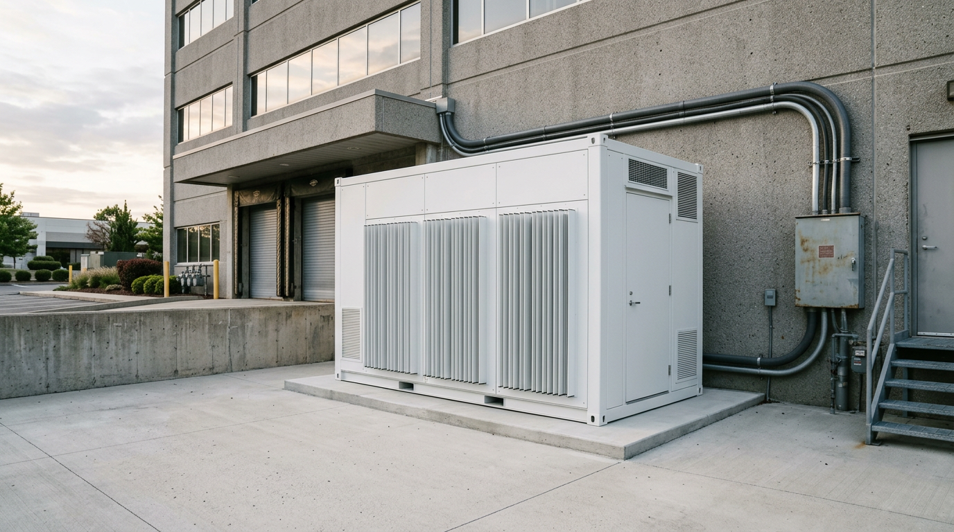 A white Standard Pod installed beside a commercial building's loading dock, wired directly into the utility room